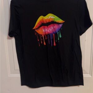Black Tee with Rainbow Lips Graphic